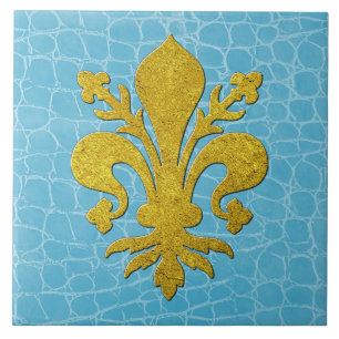Gold Fleur-de-lis Faux Leather Background Tile