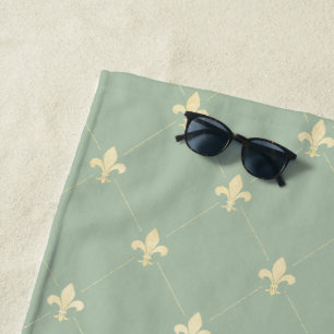 Gold Fleur-de-Lis Green Beach Towel