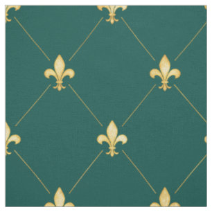 Gold Fleur-de-Lis (large scale) Teal Green Fabric