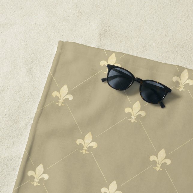 Gold Fleur-de-Lis Latte Brown Beach Towel (In Situ)