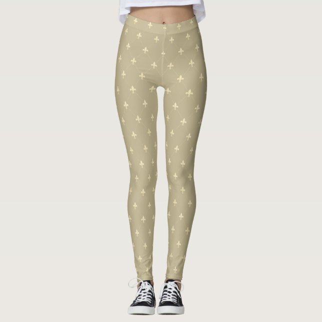 Gold Fleur-de-Lis Latte Brown Leggings (Front)