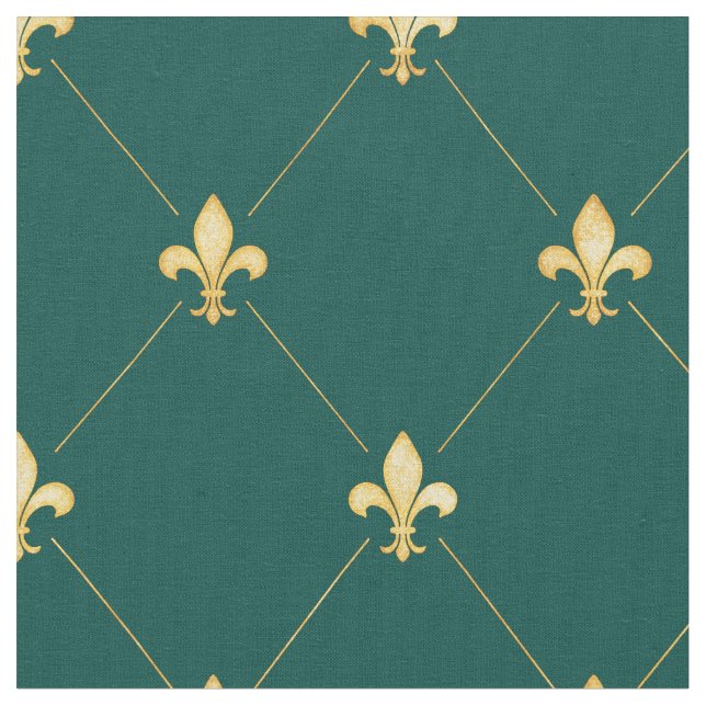Gold Fleur-de-Lis (medium scale) Teal Green Fabric (Close Up)