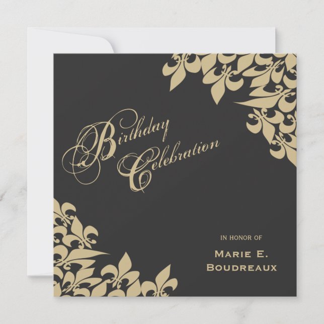 Gold Fleur de Lis Milestone Birthday Party (black) Invitation (Front)