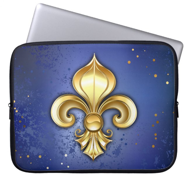 Gold Fleur de Lis on Blue Laptop Sleeve (Front)