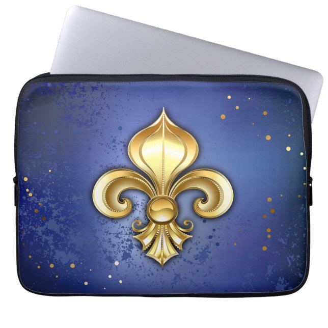 Gold Fleur de Lis on Blue Laptop Sleeve (Front)