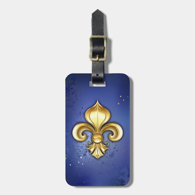 Gold Fleur de Lis on Blue Luggage Tag (Front Vertical)