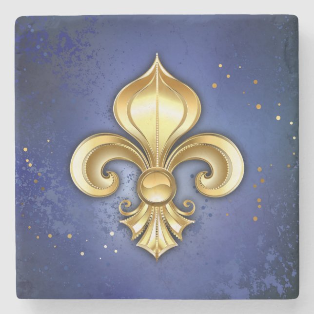 Gold Fleur de Lis on Blue Stone Coaster (Front)