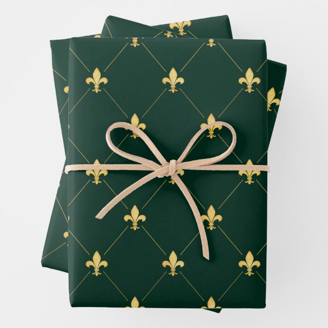 Gold Fleur-de-Lis on Dark Green Wrapping Paper Sheet (In situ)