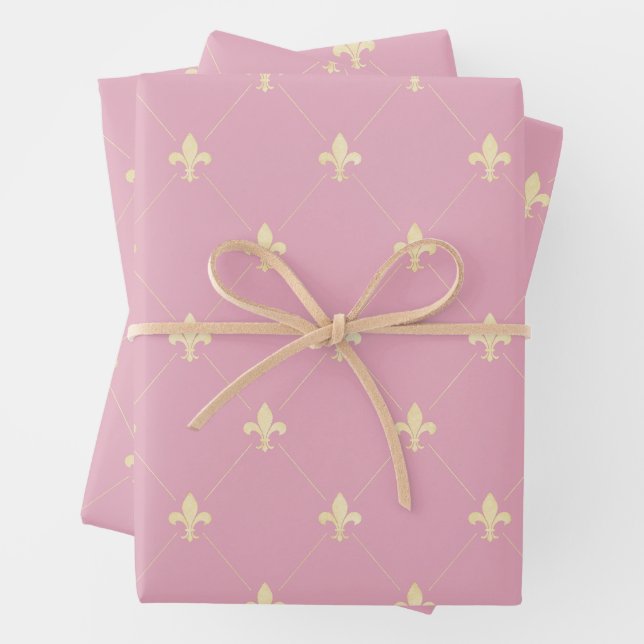 Gold Fleur-de-Lis on Dusky Pink Wrapping Paper Sheet (In situ)