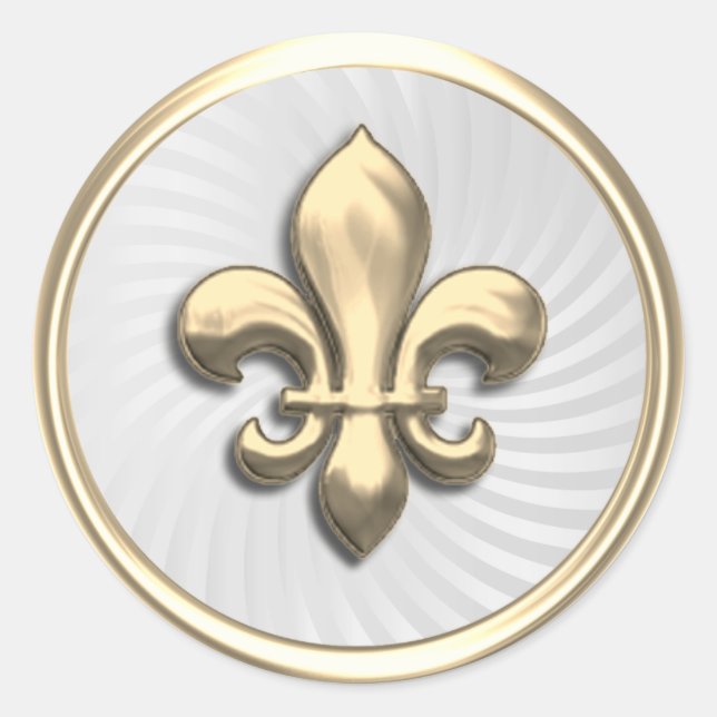 Gold Fleur de Lis on White Twirl Background Classic Round Sticker (Front)