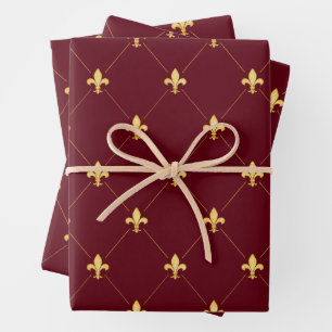 Gold Fleur-de-Lis on Wine Red Wrapping Paper Sheet