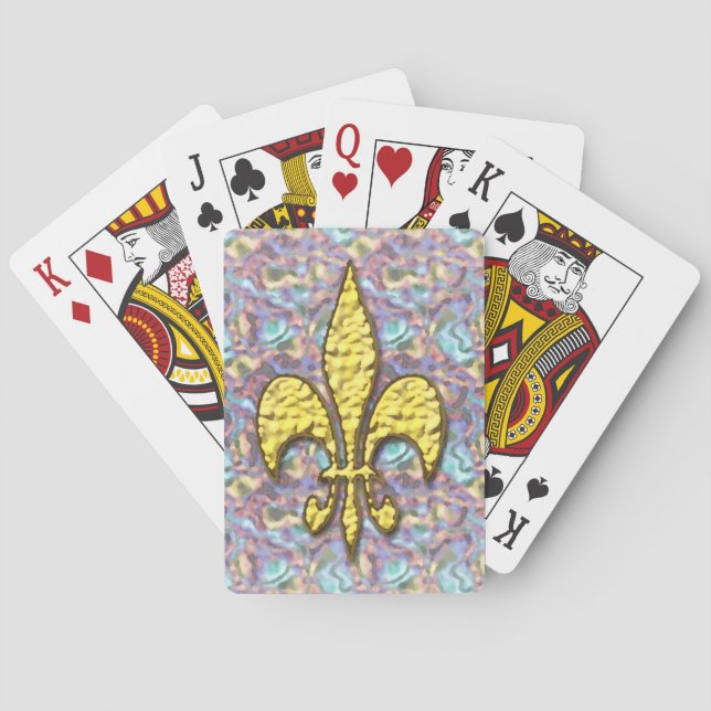 Gold Fleur de Lis Psychedelic Background Playing Cards (Back)