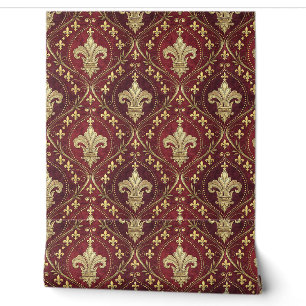 Gold Fleur-de-lis Red Velvet Royal Design Pattern Wallpaper