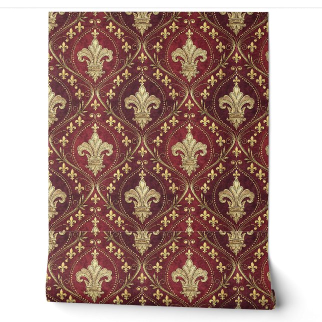 Gold Fleur-de-lis Red Velvet Royal Design Pattern Wallpaper (Unrolling)