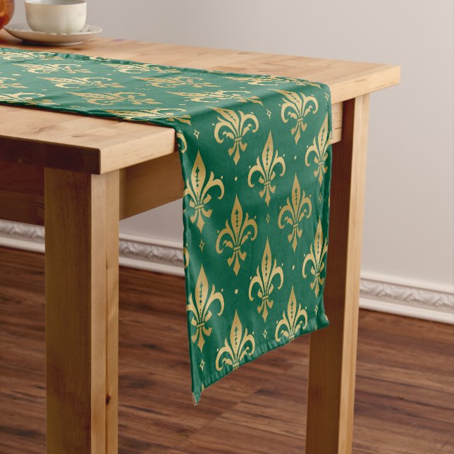 Gold fleur-de-lis seamless pattern on green short table runner (In Situ)