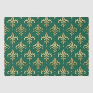 Gold fleur-de-lis seamless pattern on green tissue paper
