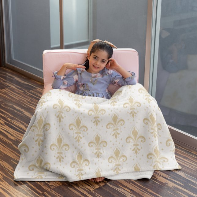Gold fleur-de-lis seamless pattern on white fleece blanket (Creator Uploaded)