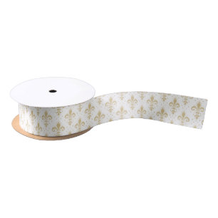 Gold fleur-de-lis seamless pattern on white satin ribbon