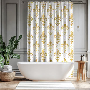 Gold fleur-de-lis seamless pattern on white shower curtain
