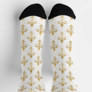 Gold fleur-de-lis seamless pattern on white socks
