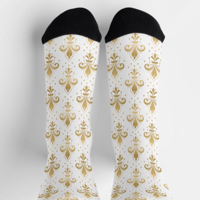 Gold fleur-de-lis seamless pattern on white socks (Top)