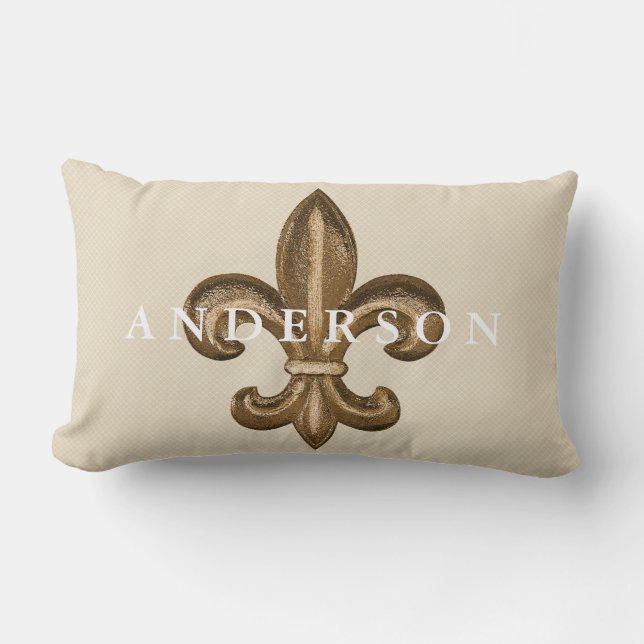 Gold Fleur de Lis & White Lattice Taupe Lumbar Cushion (Front)