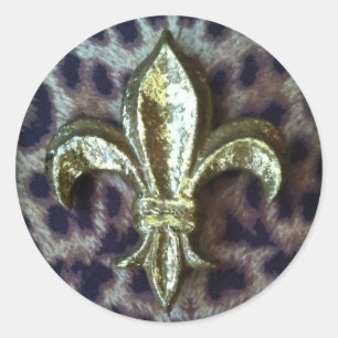 GOLD FLEUR-DE-LIS WITH LEOPARD FRAME CLASSIC ROUND STICKER