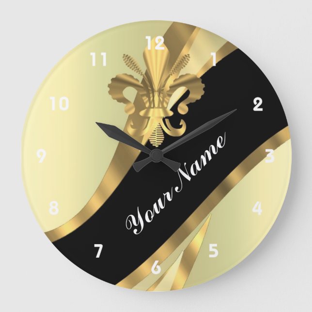 Gold fleur de lys personalised large clock (Front)