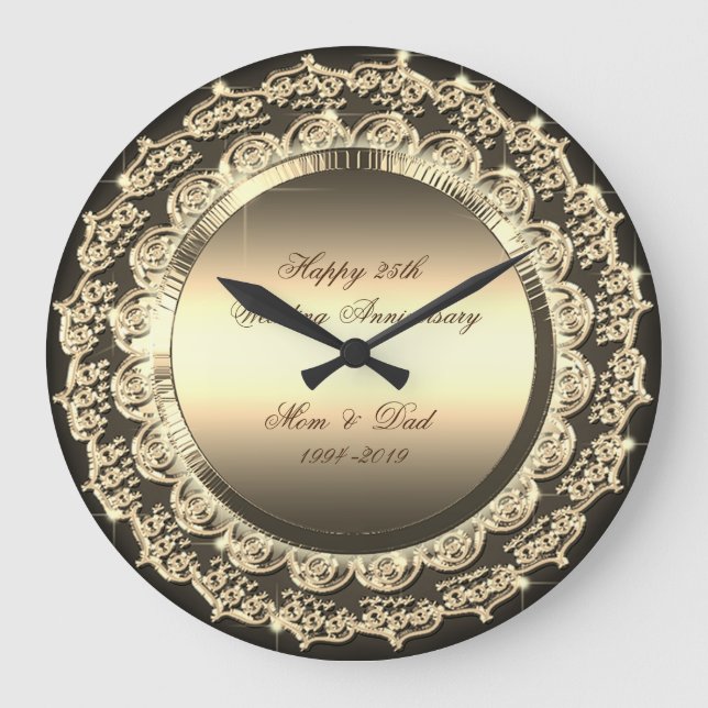 Gold   Floral 25th Wedding Anniversary Large Clock (Front)