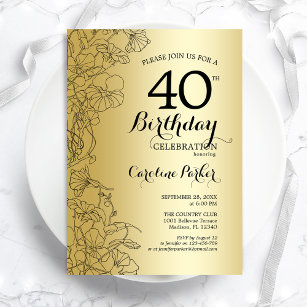 Gold Floral 40th Birthday Party Invitation