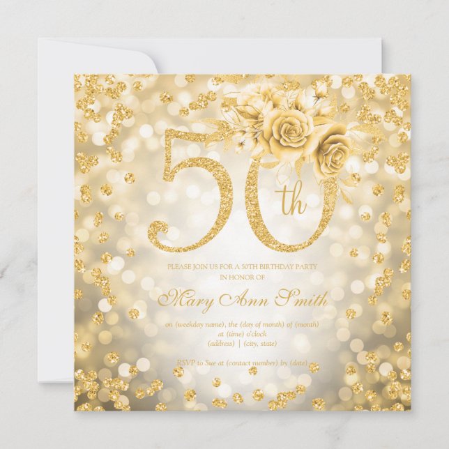Gold Floral 50th Birthday Glam Lights  (Front)