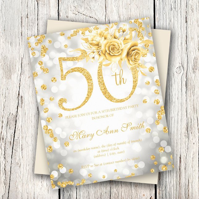 Gold Floral 50th Birthday Lights Invitation Silver Flyer (Creator Uploaded)