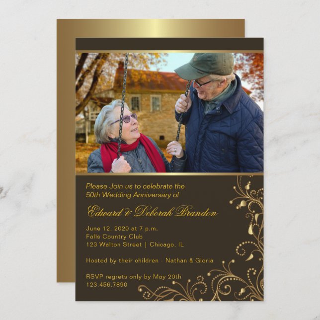 Gold Floral 50th Wedding Anniversary Invitation (Front/Back)