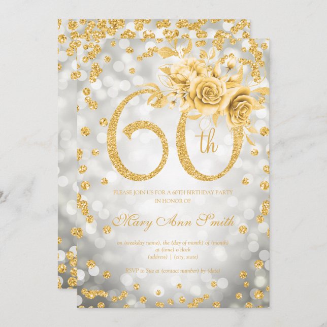 Gold Floral 60th Birthday Glam Silver Lights Invitation (Front/Back)