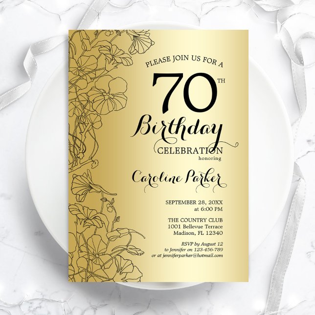 Gold Floral 70th Birthday Party Invitation (Creator Uploaded)