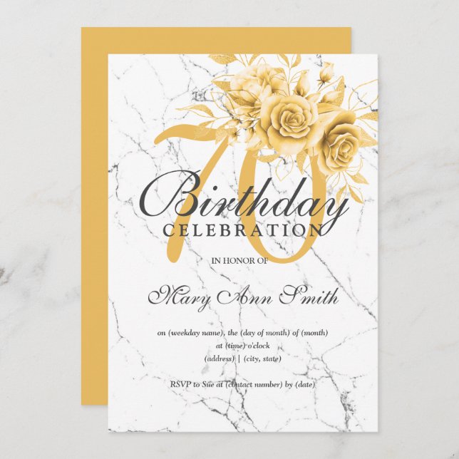 Gold Floral 70th Birthday Party Marble  Invitation (Front/Back)