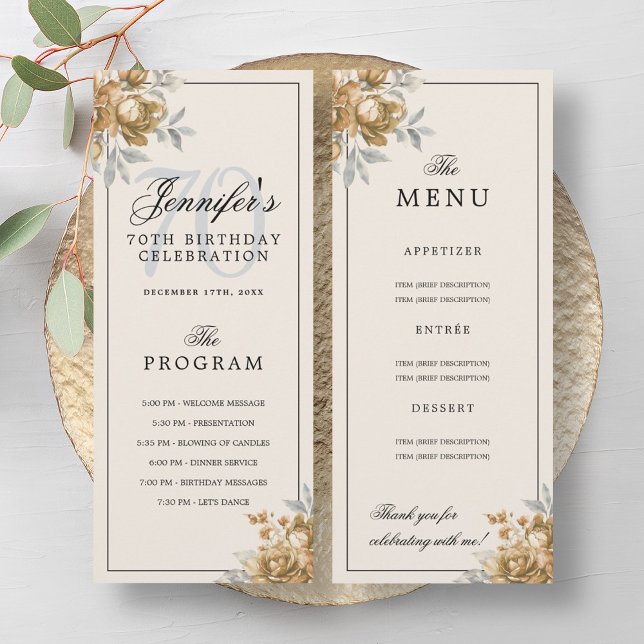 Gold Floral 70th Birthday Program Menu Cream  Invitation (Gold Floral 70th Birthday Program Menu Cream )