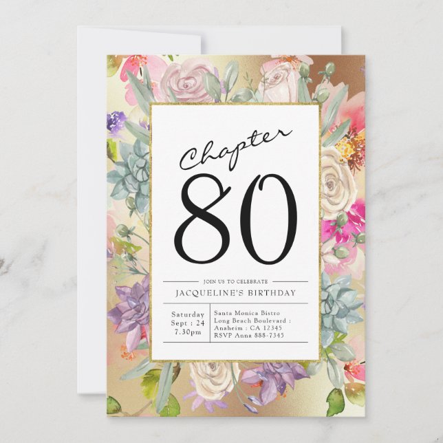 Gold Floral 80th Birthday Invitation (Front)