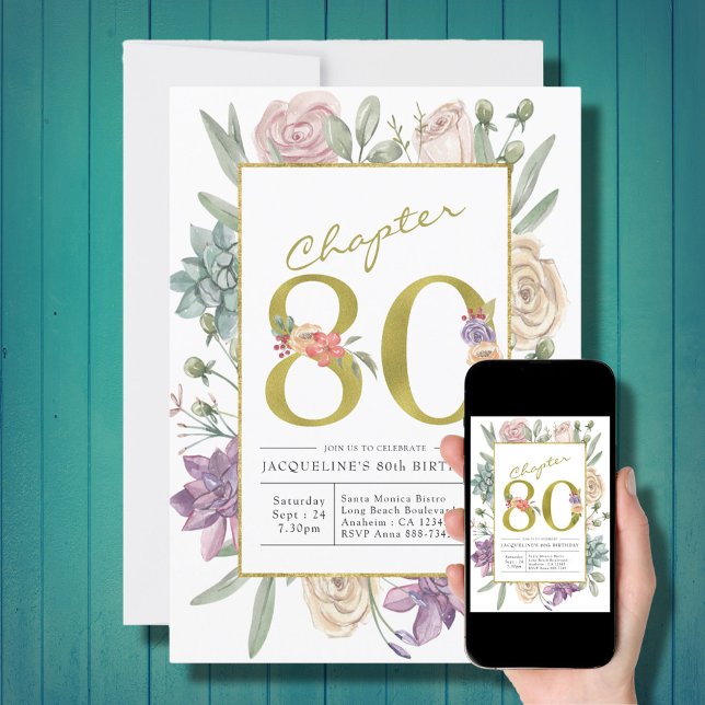 Gold Floral 80th Birthday Invitation (Creator Uploaded)