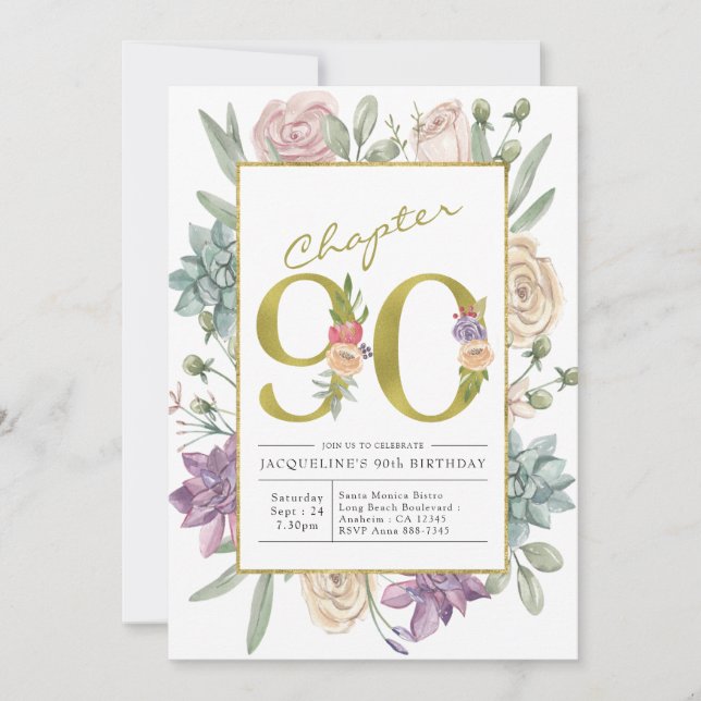 Gold Floral 90th Birthday Invitation (Front)