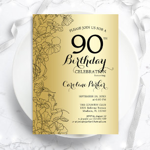 Gold Floral 90th Birthday Party Invitation