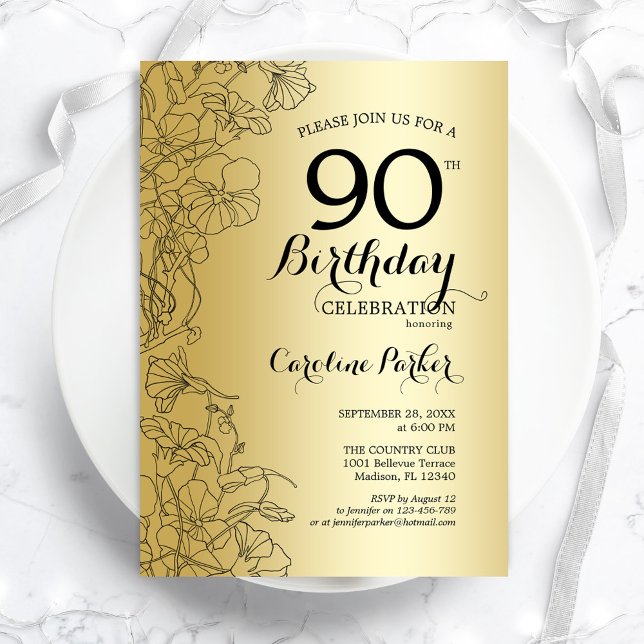 Gold Floral 90th Birthday Party Invitation (Creator Uploaded)
