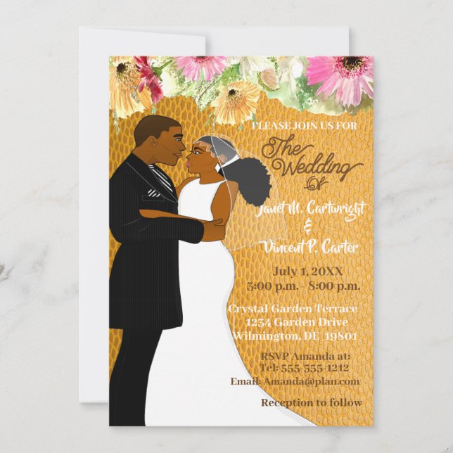 Gold Floral African American Wedding Couple Invitation (Front)