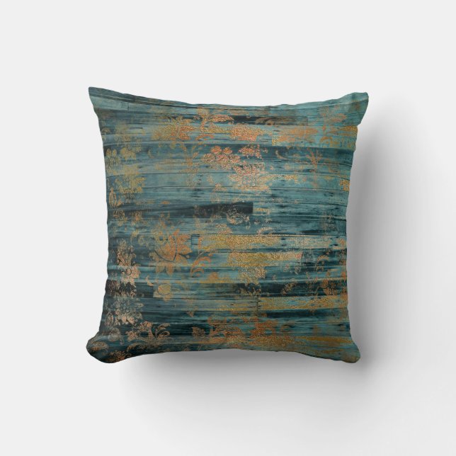 Gold Floral and Blue Rustic Wood Decoupage Cushion (Front)