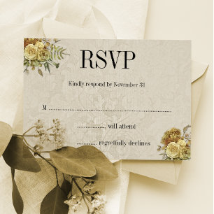 Gold Floral and Cream Damask Boho Wedding RSVP Card