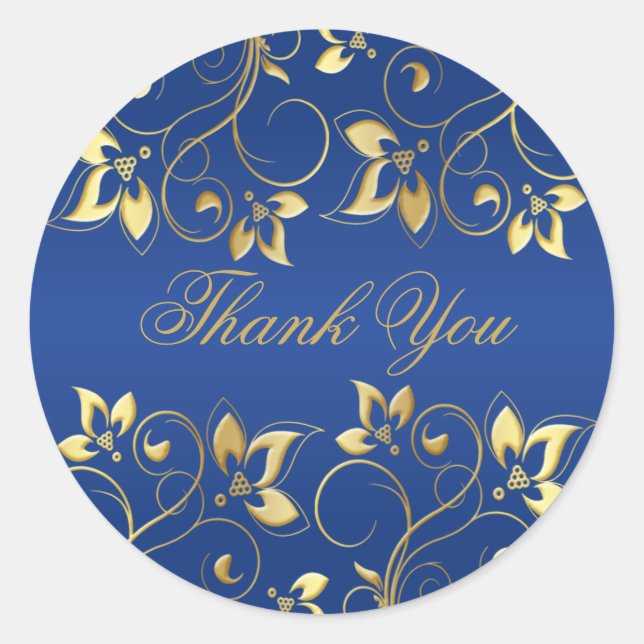 Gold Floral and Royal Blue 1.5" Round Sticker (Front)