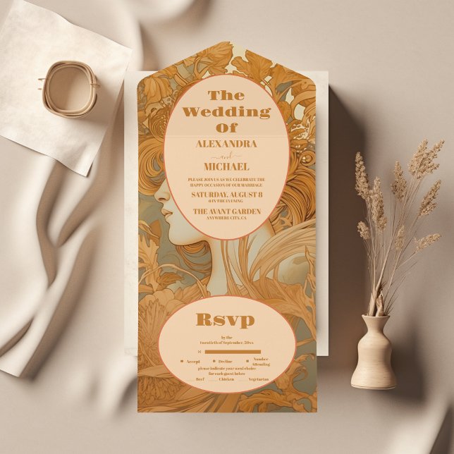 Gold Floral Art Nouveau Wedding All In One Invitation (Creator Uploaded)
