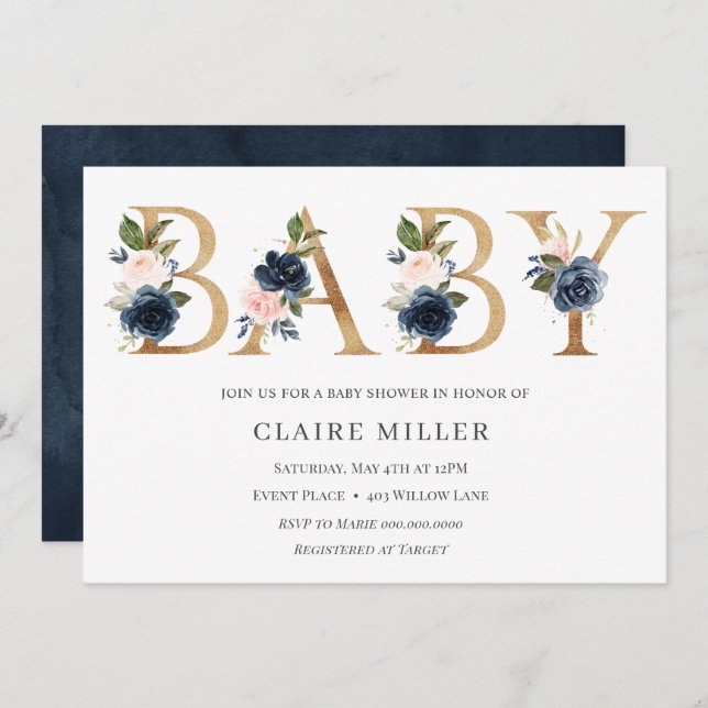 Gold Floral BABY shower invitation (Front/Back)