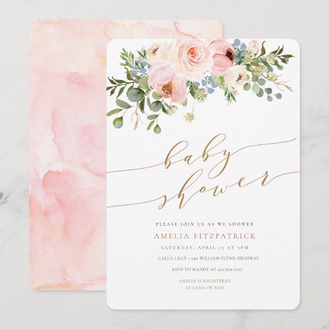 Gold Floral Baby Shower Invitation Girl (Front/Back)
