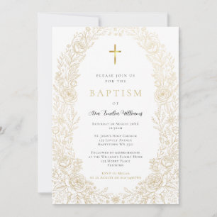 Gold Floral Baptism Invitation